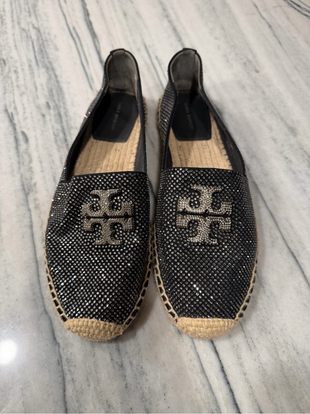 Tory Burch Black Crystal Logo Espadrille Flats